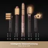 A collection of hair styling attachments and their corresponding control panels, displayed against a dark background with glowing effects. Produktbild-Vorschau