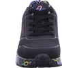A close-up, front-facing view of a black Skechers sneaker. Voir les images du produit