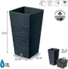 A tall, square planter with a textured surface, shown with dimensions and capacity indicated. Smaller inset images show a similar planter and an internal insert. Icons at the top suggest features like overflow protection. Produktbild-Vorschau