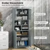 A tall gray storage cabinet is shown in a bathroom setting, next to a shower. Produktbild-Vorschau