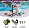 A young girl is interacting with a pink and black 2-in-1 scooter that can be used as a balance bike or tricycle. The background features a colorful graffiti wall. Below the main image are three circular insets showcasing product features: glowing wheels, t Produktbild-Vorschau