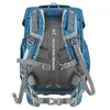 The back view of a blue backpack with white polka dots and grey straps. Náhled obrázku produktu