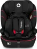 A black car seat with red trim and green accents, featuring the Lionelo logo and various safety symbols. Náhľad obrázku produktu