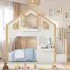 A children's house-shaped bunk bed with storage stairs, decorated with toys and blankets. Produktbild-Vorschau