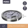 A close-up, angled view of a Perel wall clock with a silver frame and white face, displaying the time and a small digital display. Informational icons and text are present on the right and bottom of the image. Anteprima dell’immagine prodotto