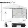 A diagram showing the dimensions of a white pop-up tent and its accessories. Produktbild-Vorschau