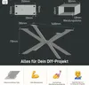 Diagram showing dimensions and features of a table base, with icons and text promoting DIY projects. Produktbild-Vorschau