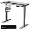 A white adjustable standing desk with a black control panel and a "Prüfengel" certification tag. Produktbild-Vorschau