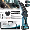 A mini chainsaw kit with accessories, including batteries, chains, and safety gear, laid out for display. Produktbild-Vorschau