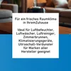 A white card with text is placed over a blurred background of a living room with a humidifier. Produktbild-Vorschau