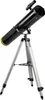 A black telescope with a yellow ring on the front, mounted on a silver tripod, is shown against a white background. Produktbild-Vorschau