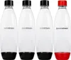 Four SodaStream bottles are lined up against a white background. Three bottles have black caps and bases, and one bottle has a red cap and base. The SodaStream logo is visible on each bottle. Produktbild-Vorschau