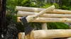 An axe rests on a wooden bench in a forest setting. Anteprima dell’immagine prodotto