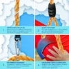 A collage of four images showcasing features of a swing set, with text descriptions. Produktbild-Vorschau