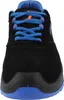 A front view of a black safety shoe with blue laces and orange accents. Produktbild-Vorschau