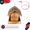 A wooden birdhouse is shown hanging from wires, with a close-up inset of the wire. There are graphic overlays and text indicating features. Produktbild-Vorschau