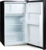 An open, empty black refrigerator with white interior shelves and drawers. Voir les images du produit