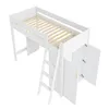 A white loft bed with a ladder and two cabinet doors underneath. Produktbild-Vorschau