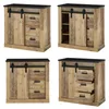 A collage of four images showing a wooden cabinet with sliding doors and drawers from different angles, with some drawers open. Produktbild-Vorschau