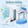 Diagram showing the internal components and airflow of a portable air cooler, with text explaining its cooling features. Produktbild-Vorschau