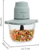 A Moulinex chopper with a glass bowl filled with chopped vegetables, shown from the front with dimensions indicated. Voir les images du produit