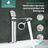 A chrome faucet with water running into a sink, with marketing text and diagrams explaining its features. Produktbild-Vorschau