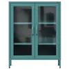 A teal metal cabinet with glass doors and shelves. Náhled obrázku produktu