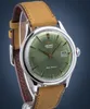 A close-up shot of a watch with a green dial and a brown leather strap. Podgląd zdjęcia produktu