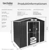 A diagram and image of a garden shed with dimensions and technical specifications. Produktbild-Vorschau