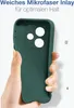 A hand holding a dark green phone case, showing the interior lining. Produktbild-Vorschau
