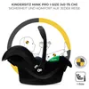 A black infant car seat is shown with a diagram of a crash test dummy inside, against a white background with a yellow and gray arc. Produktbild-Vorschau