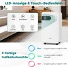 A white dehumidifier with a digital display and touch controls, shown in a room setting with a sofa and furniture. The image also includes a diagram of the control panel and a color-coded indicator light explanation. Náhled obrázku produktu