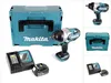 A collage of images showing a Makita impact wrench, its case, batteries, and charger. Produktbild-Vorschau