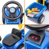 Collage of four close-up shots of a blue ride-on tractor toy. Voir les images du produit