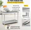 A collage of images showcasing a stainless steel workbench, highlighting its features and materials. Voir les images du produit