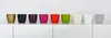 A row of colorful plant pots lined up on a white shelf against a white background. Podgląd zdjęcia produktu