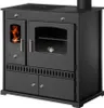 A black wood-burning stove with a glass oven door and a visible flame in a smaller compartment. Produktbild-Vorschau