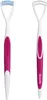Two tongue scrapers are shown side-by-side against a white background. The scraper on the left has blue bristles, while the one on the right has a smooth edge. Both have pink handles with white accents. Podgląd zdjęcia produktu