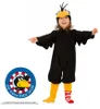 A child wearing a black crow costume with a yellow beak and black tufts on the head, standing with arms outstretched and pointing to the left. Produktbild-Vorschau