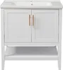 A white bathroom vanity cabinet with two doors and an open shelf below, shown from the front. Voir les images du produit