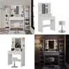 Collage of images showing a white vanity table with LED lights and a stool from different angles and settings. Náhľad obrázku produktu