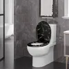 A modern bathroom with a toilet featuring a black and gold marble-patterned seat. Produktbild-Vorschau