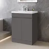 A modern bathroom vanity with a sink and faucet, set against a marble-patterned wall. Produktbild-Vorschau