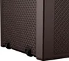 Close-up of the bottom corner of a brown storage box, showing its textured surface and wheels. Podgląd zdjęcia produktu