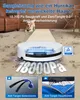 A white robot vacuum cleaner is shown on a carpeted floor, with text overlays highlighting its suction power and features. A dog is visible in the background. Produktbild-Vorschau
