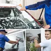 Dreiteilige Collage zeigt grauen Mikrofaserabzieher beim Reinigen einer Autowindschutzscheibe, eines Hausfensters und eine lächelnde Person beim Fensterputzen Produktbild-Vorschau