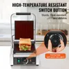 A commercial panini grill with a sandwich on it, with a close-up inset showing the temperature dial and a text overlay highlighting features. Podgląd zdjęcia produktu