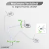 A white adjustable lamp with a magnifying glass is shown in various positions, demonstrating its flexibility and range of motion. Text overlays highlight its features. Produktbild-Vorschau