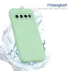 A light green phone case is shown with water splashes around it, suggesting water resistance. Produktbild-Vorschau