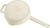 The underside of a cream-colored enameled cast iron pan with a handle and a loop for hanging. Produktbild-Vorschau